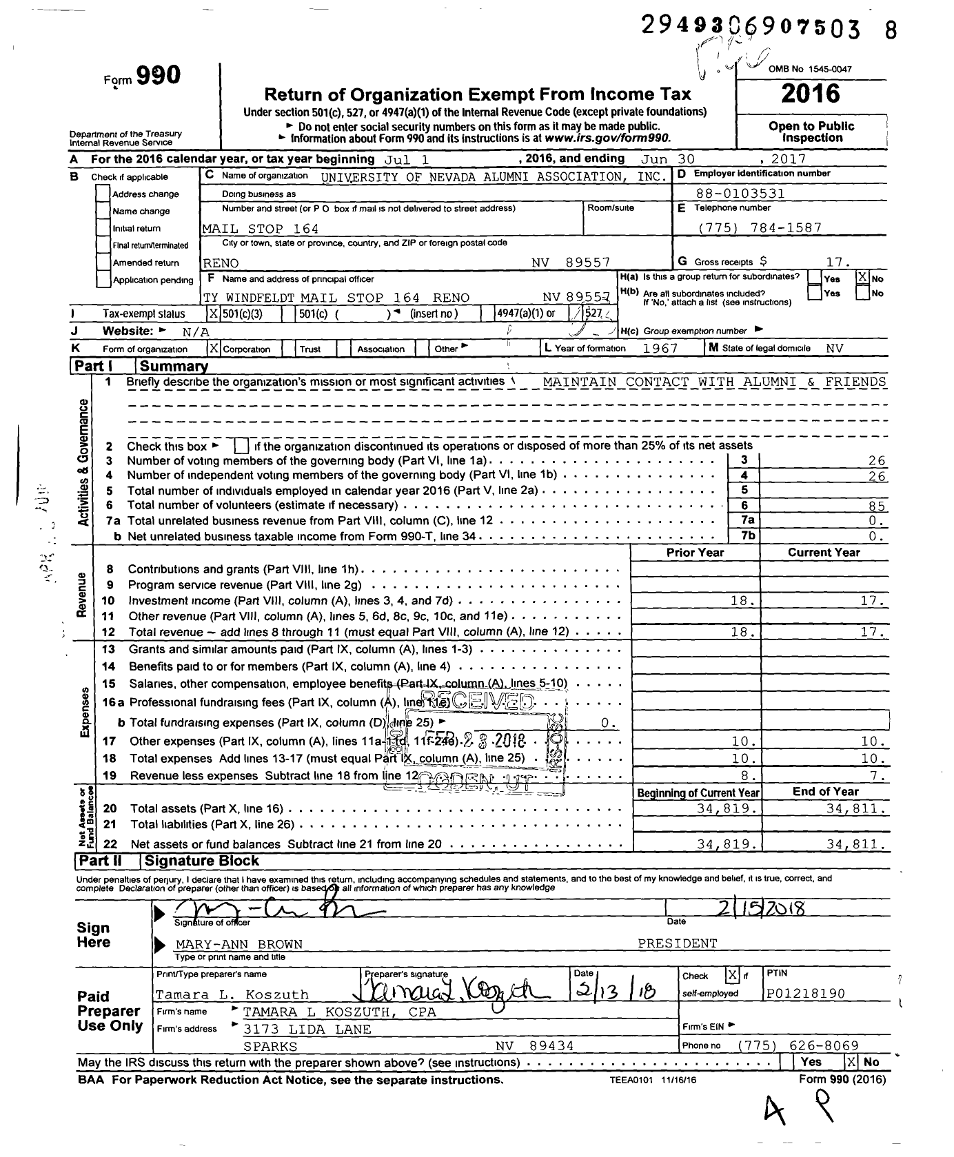 Image of first page of 2016 Form 990 for University of Nevada Alumni Association