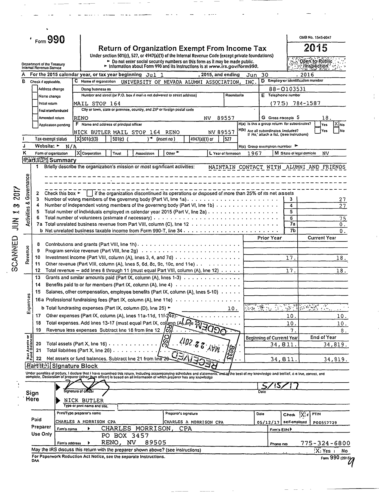 Image of first page of 2015 Form 990 for University of Nevada Alumni Association