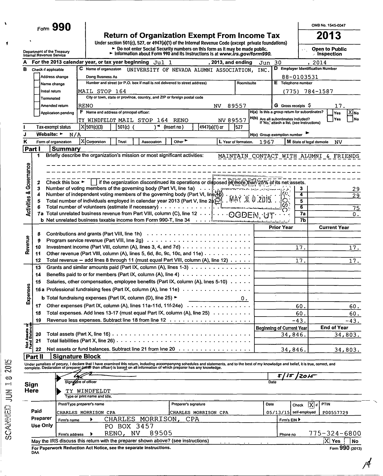 Image of first page of 2013 Form 990 for University of Nevada Alumni Association