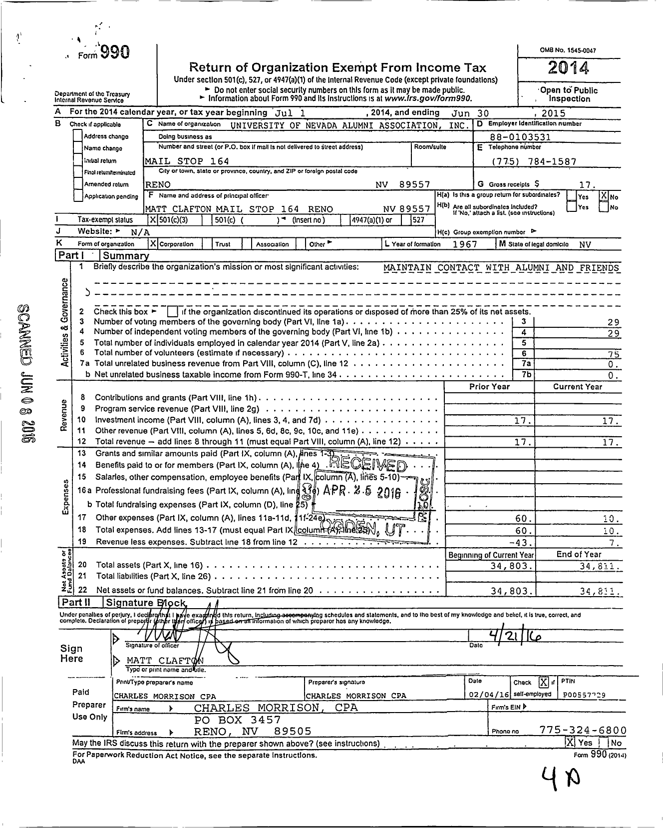 Image of first page of 2014 Form 990 for University of Nevada Alumni Association