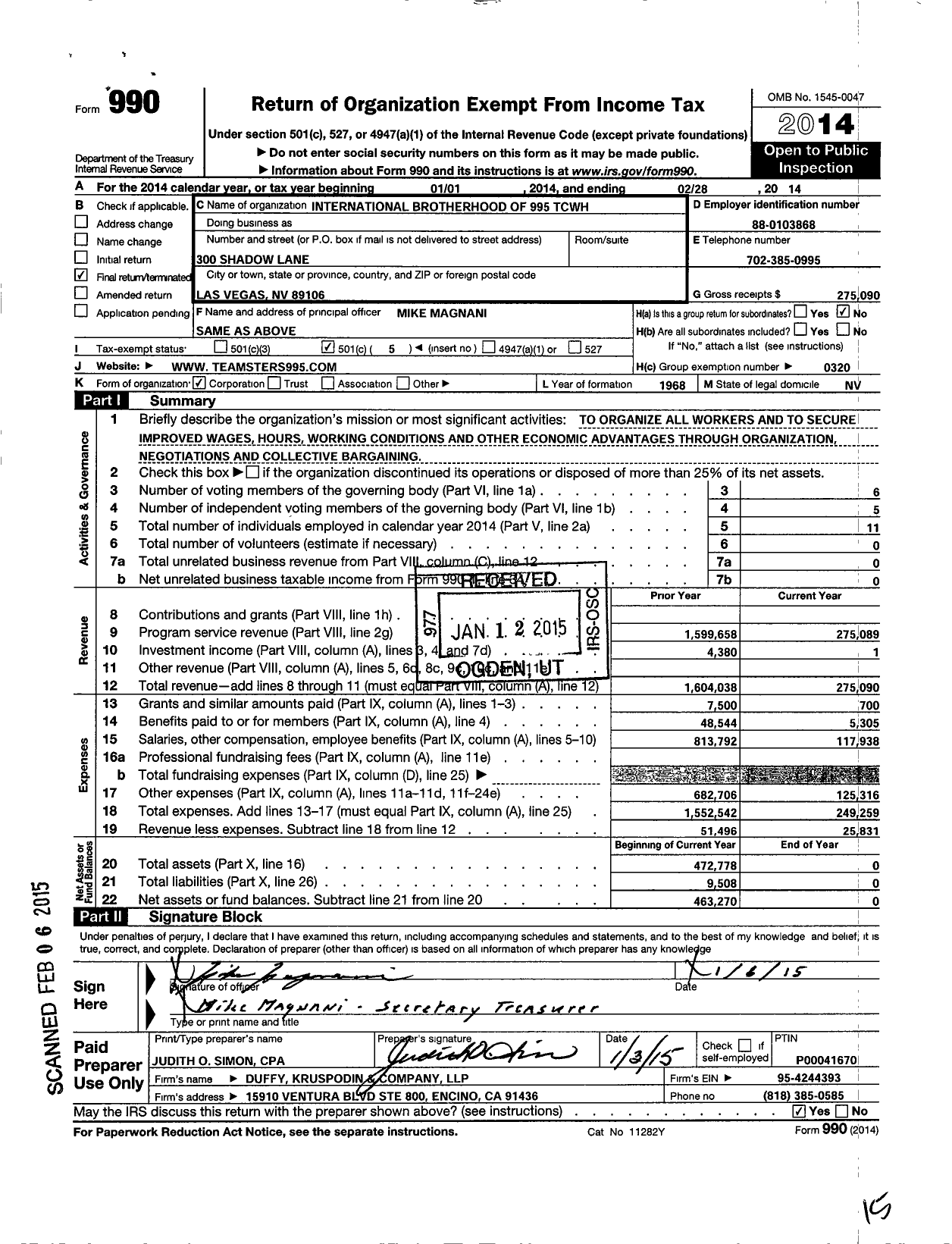Image of first page of 2013 Form 990O for Teamsters - 995 Teamster Local Union
