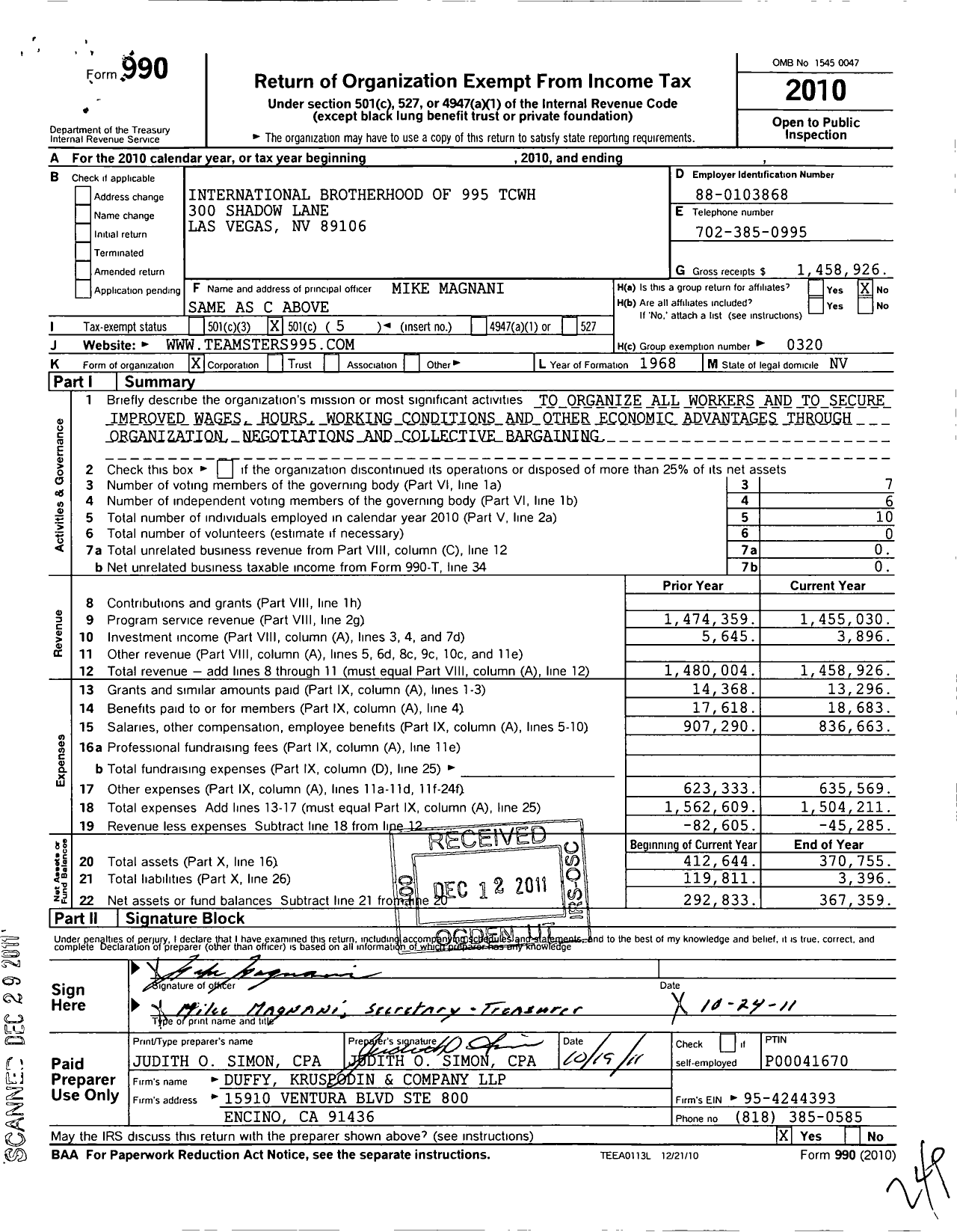Image of first page of 2010 Form 990O for Teamsters - 995 Teamster Local Union