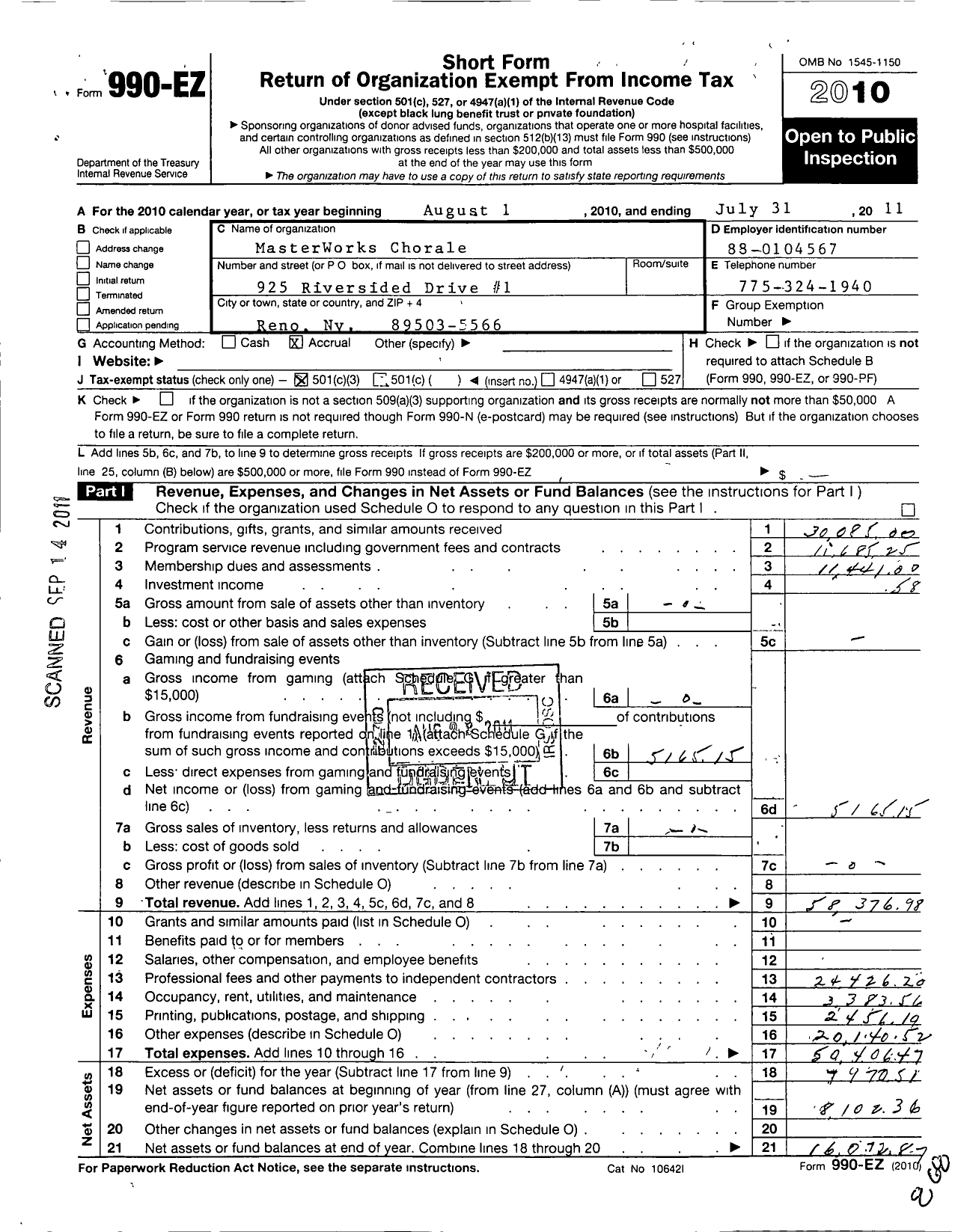 Image of first page of 2010 Form 990EZ for Sierra High Notes