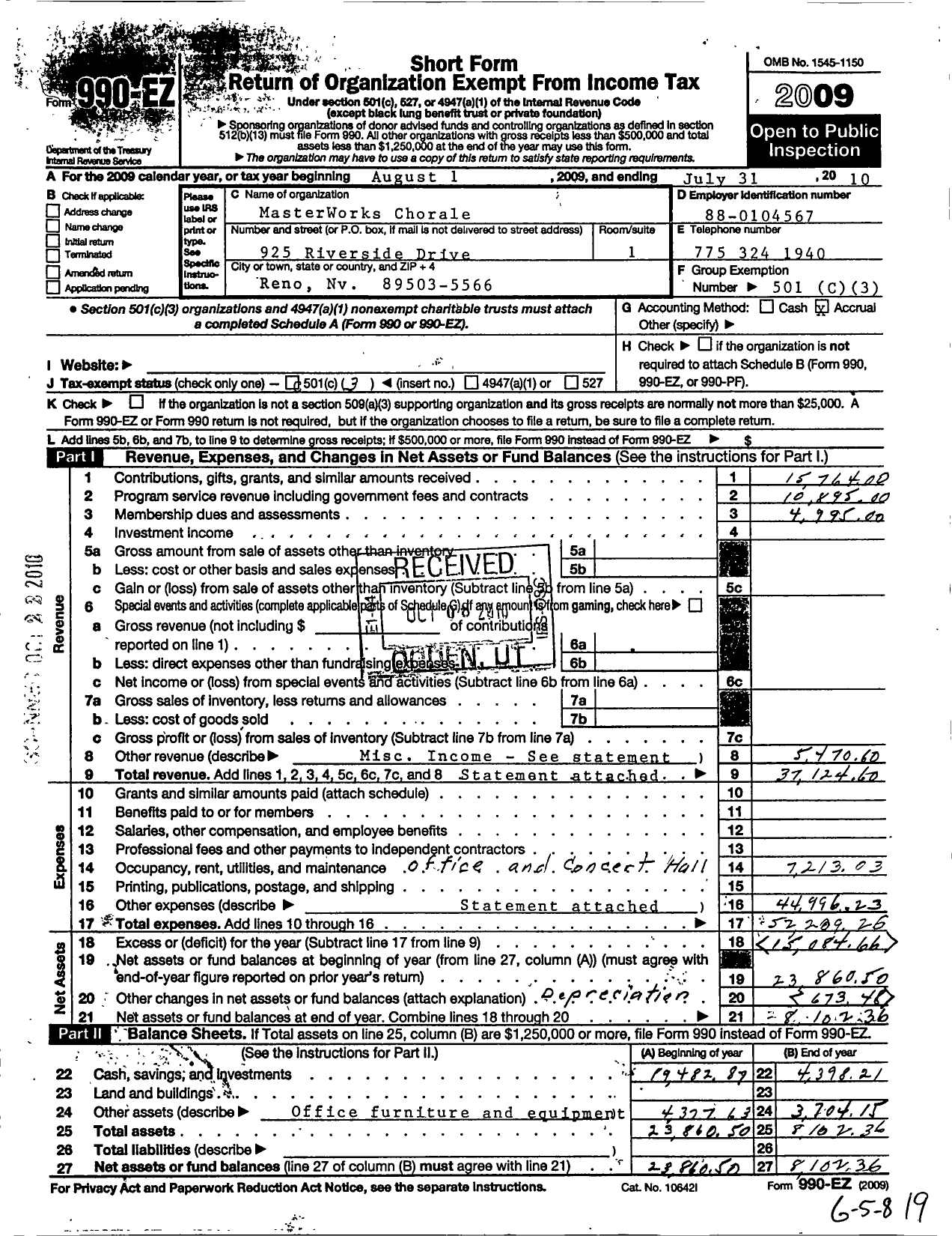 Image of first page of 2009 Form 990EZ for Sierra High Notes