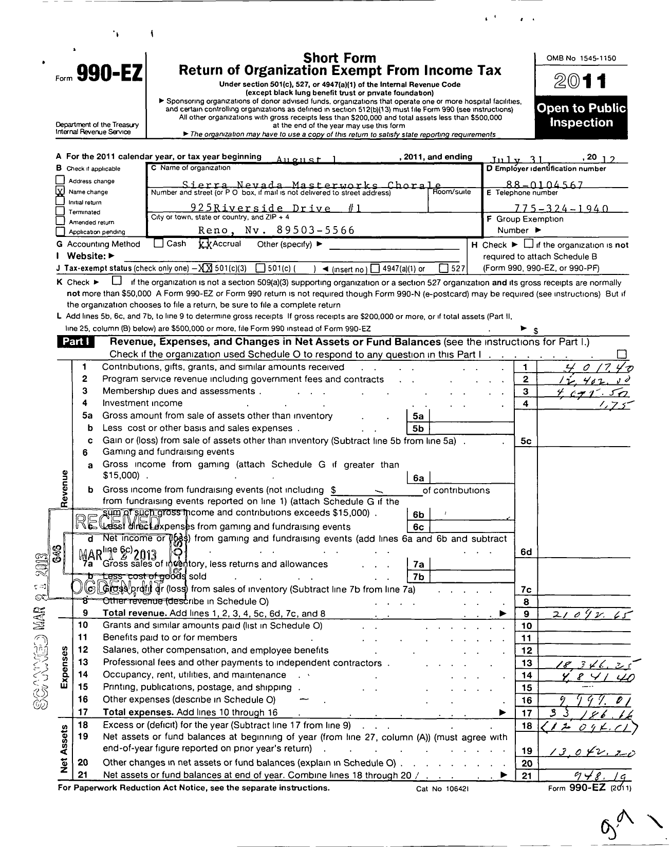 Image of first page of 2011 Form 990EZ for Sierra High Notes