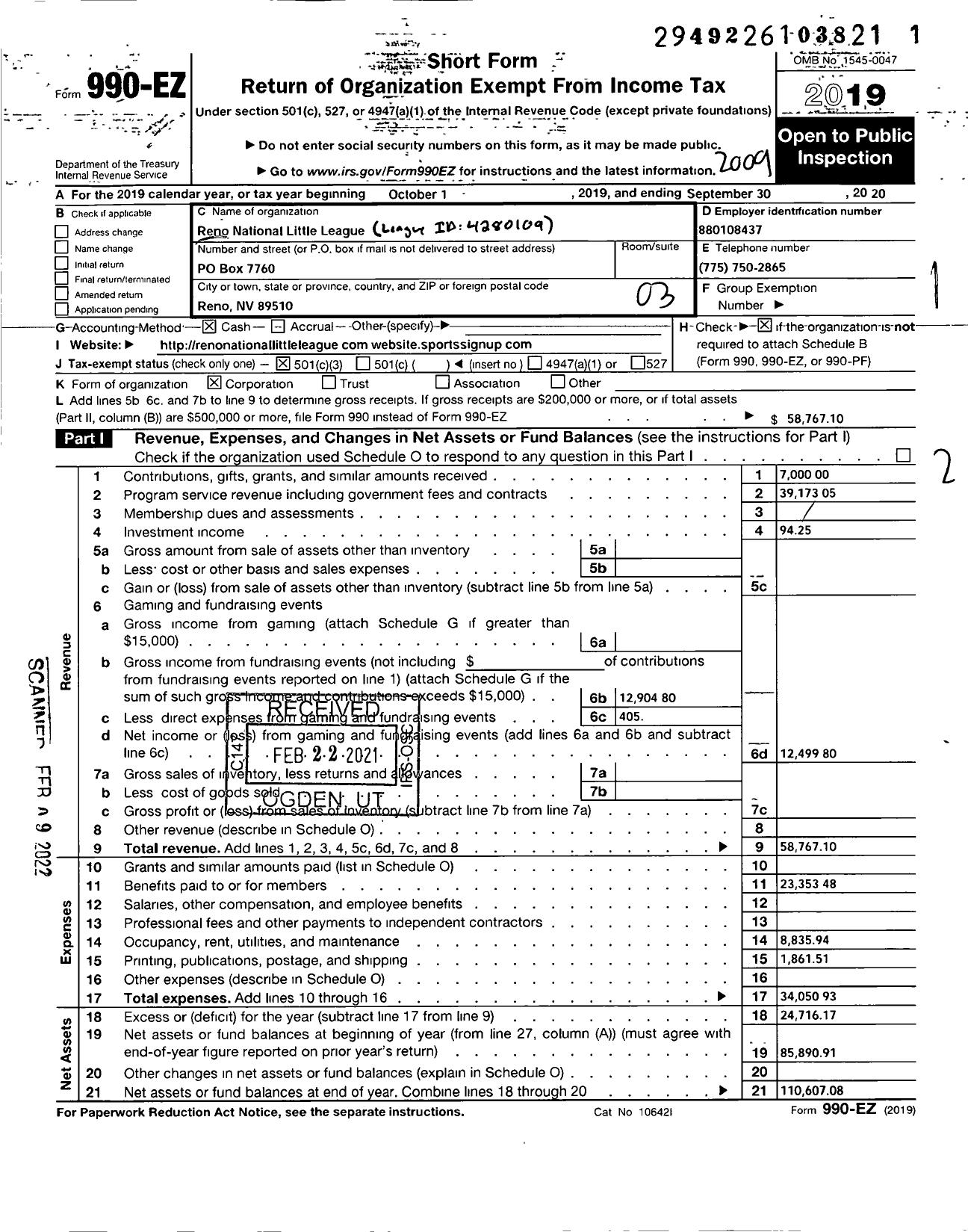 Image of first page of 2019 Form 990EZ for Little League Baseball - 4280109 Reno National LL