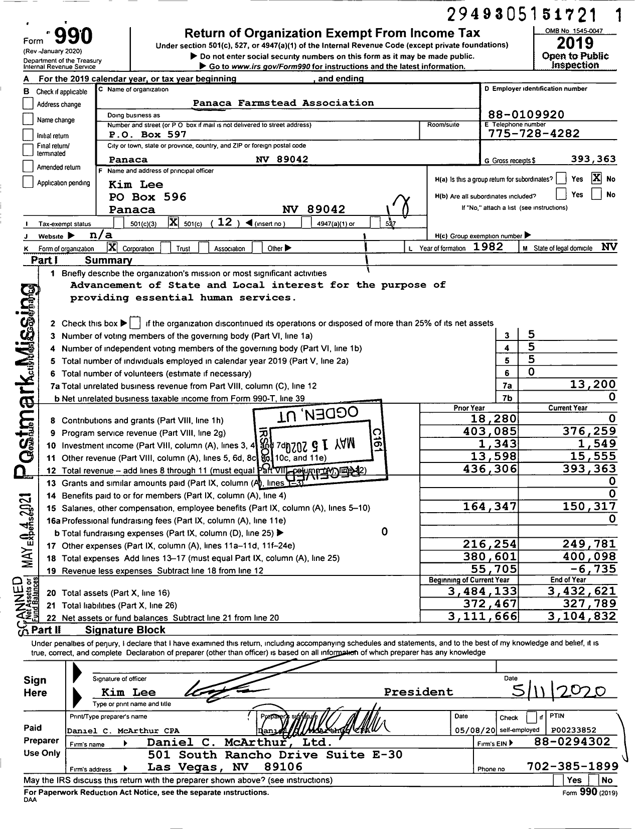 Image of first page of 2019 Form 990O for Panaca Farmstead Association