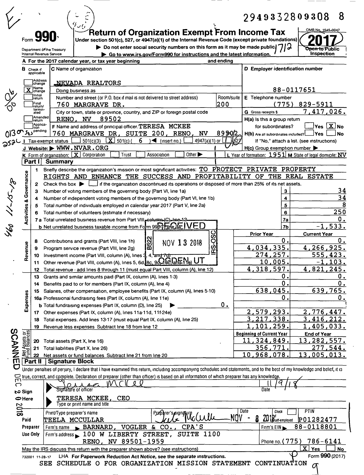 Image of first page of 2017 Form 990O for Nevada Realtors (NVAR)