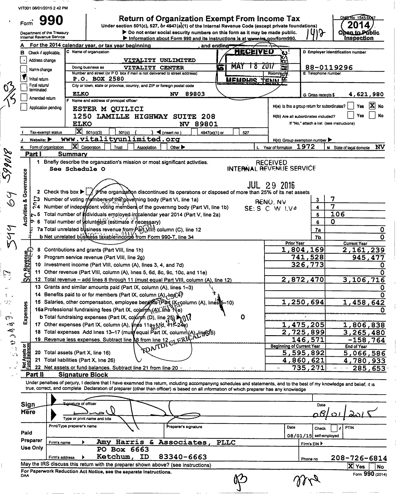 Image of first page of 2014 Form 990 for Vitality Unlimited