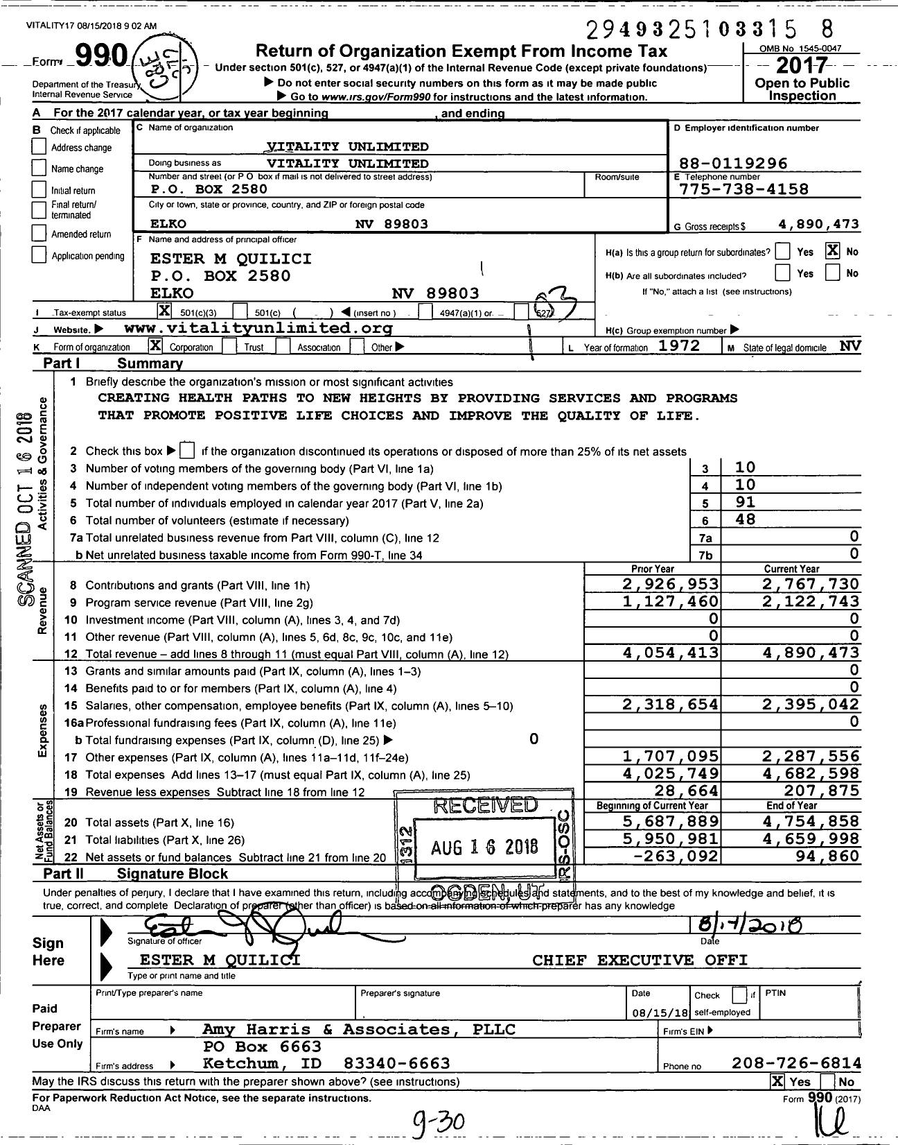 Image of first page of 2017 Form 990 for Vitality Unlimited