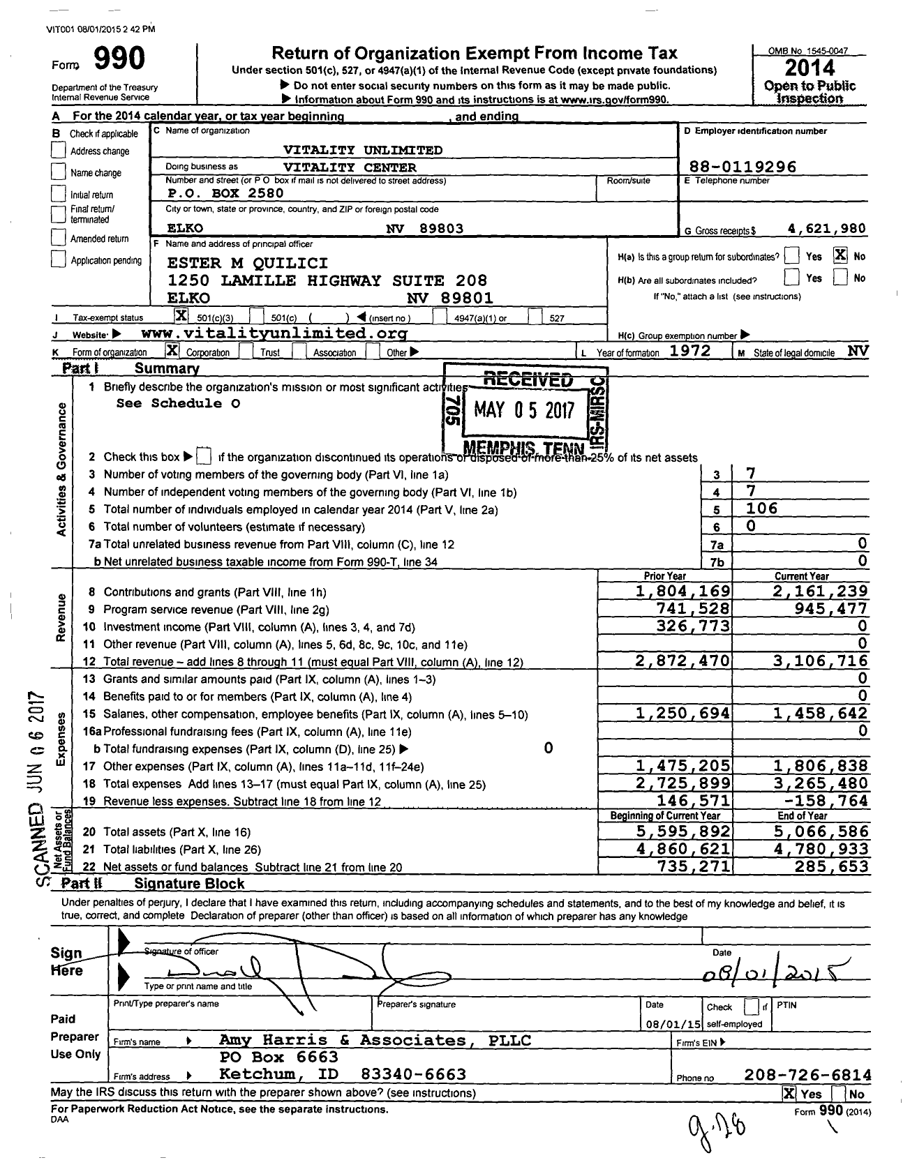 Image of first page of 2014 Form 990 for Vitality Unlimited