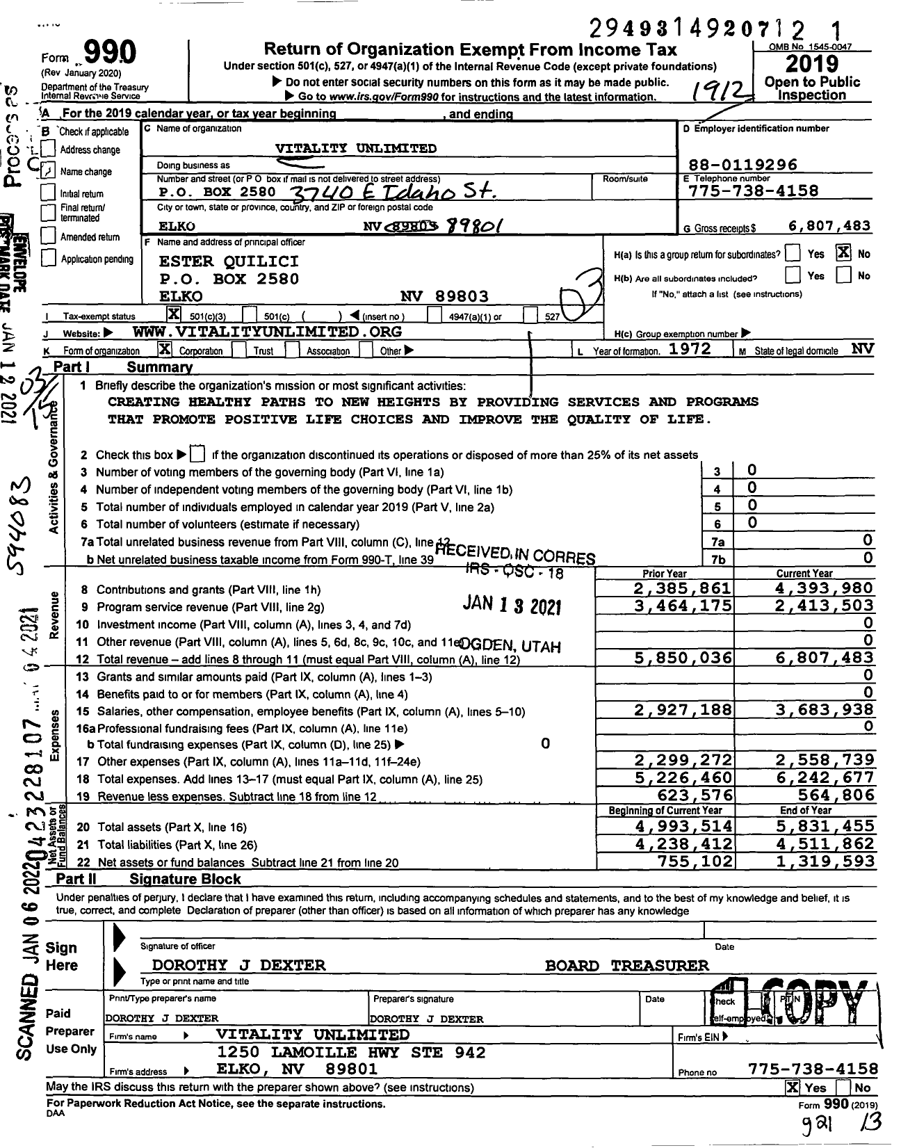 Image of first page of 2019 Form 990 for Vitality Unlimited