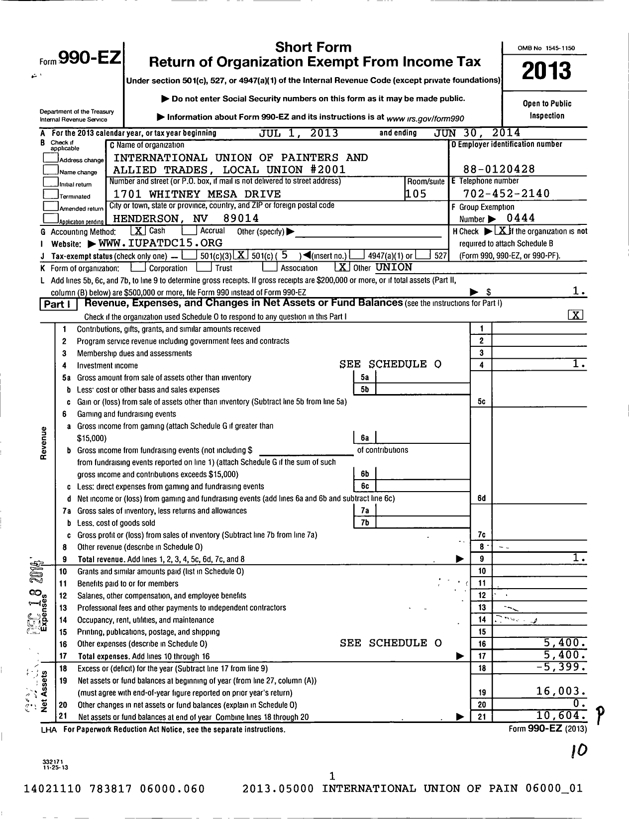 Image of first page of 2013 Form 990EO for International Union of Painters and Allied Trades - 2001 Glaziers Glass Workers Archite