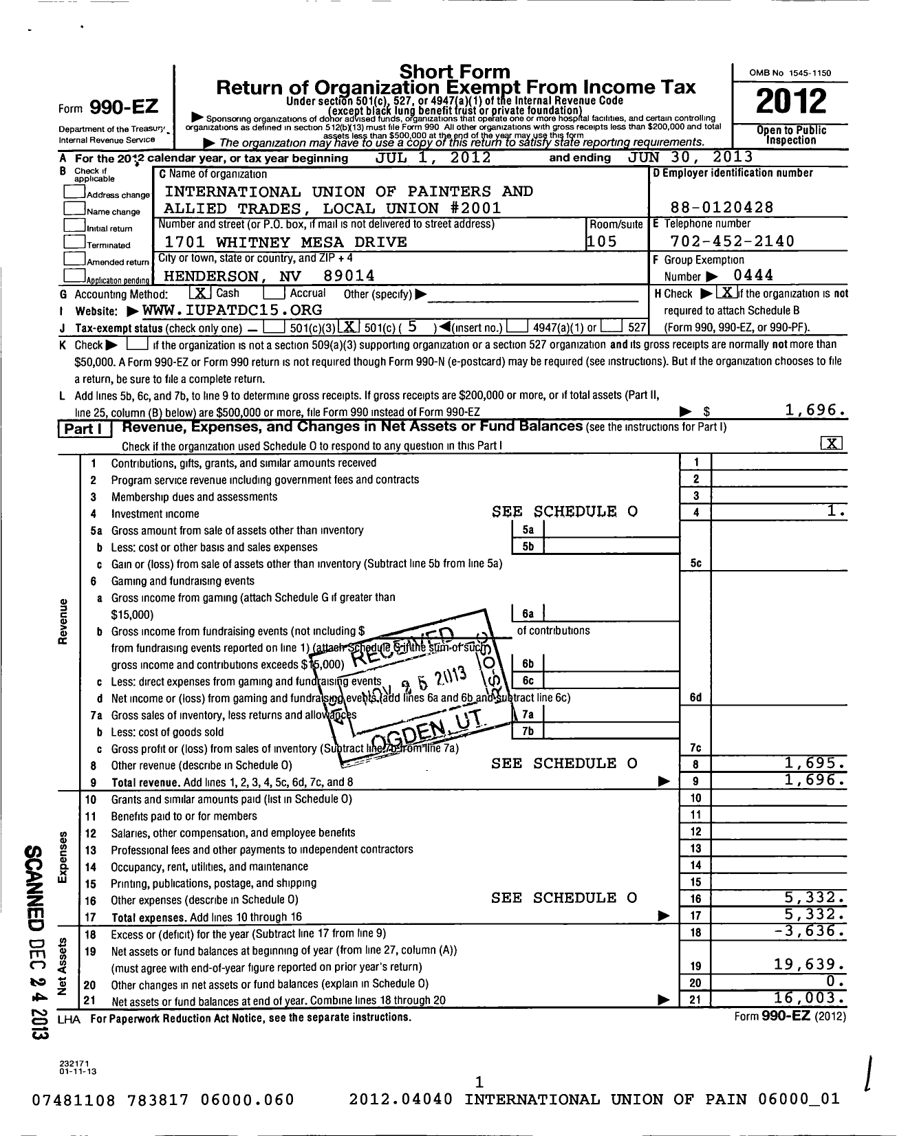 Image of first page of 2012 Form 990EO for International Union of Painters and Allied Trades - 2001 Glaziers Glass Workers Archite