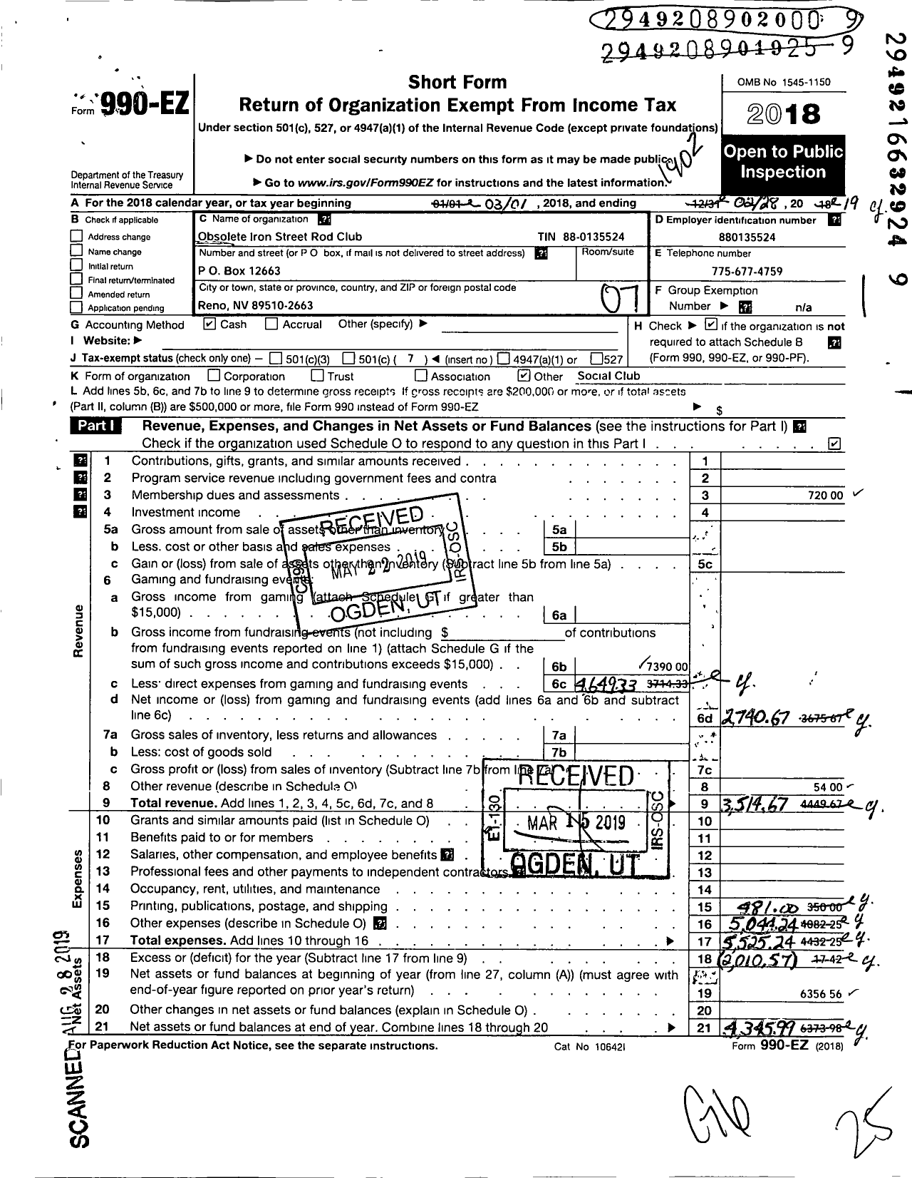 Image of first page of 2018 Form 990EO for Obsolete Iron Street Rod Club