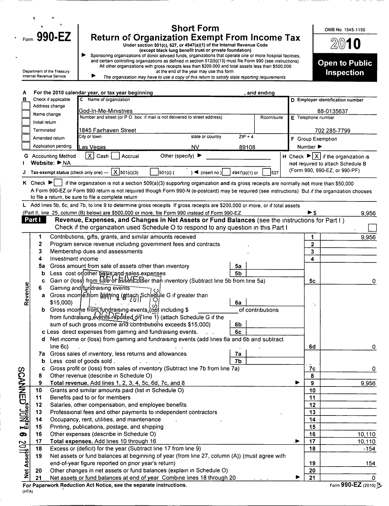 Image of first page of 2010 Form 990EZ for God in Me Ministries