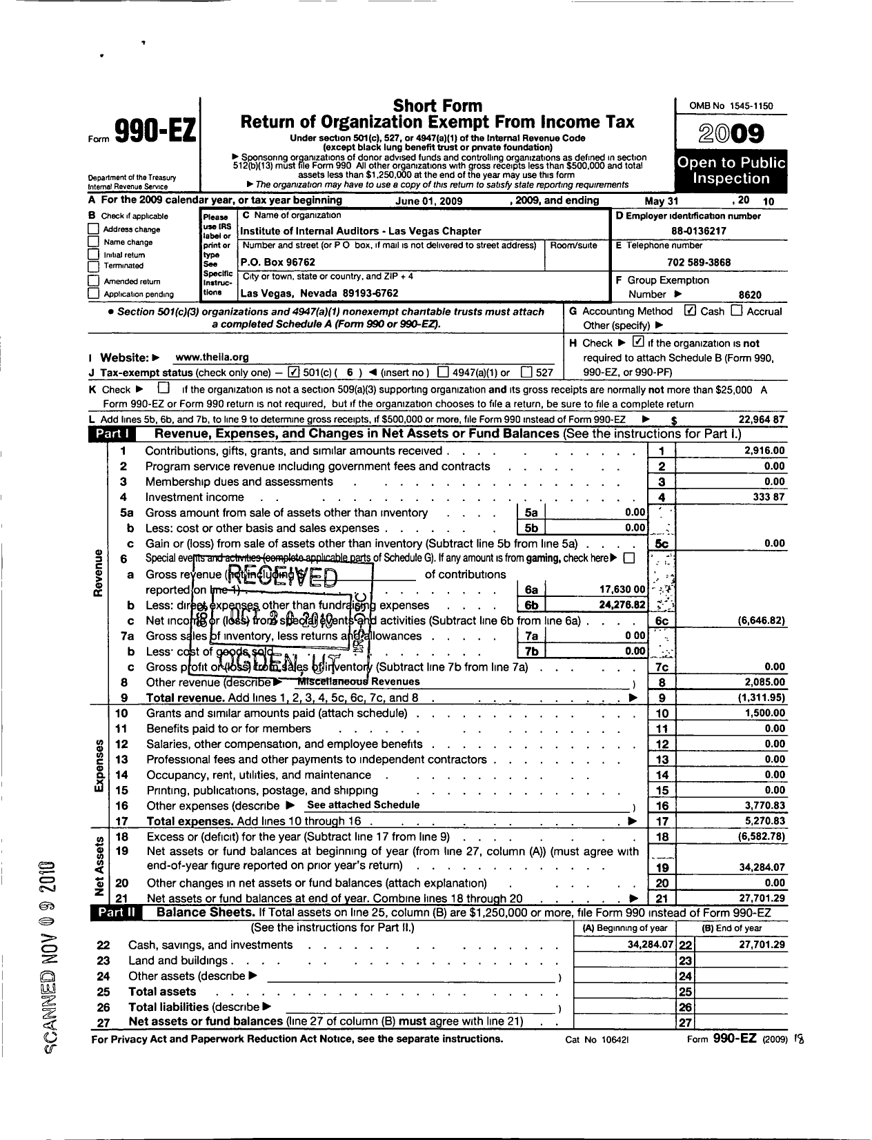 Image of first page of 2009 Form 990EO for Institute of Internal Auditors / Las Vegas Chapter
