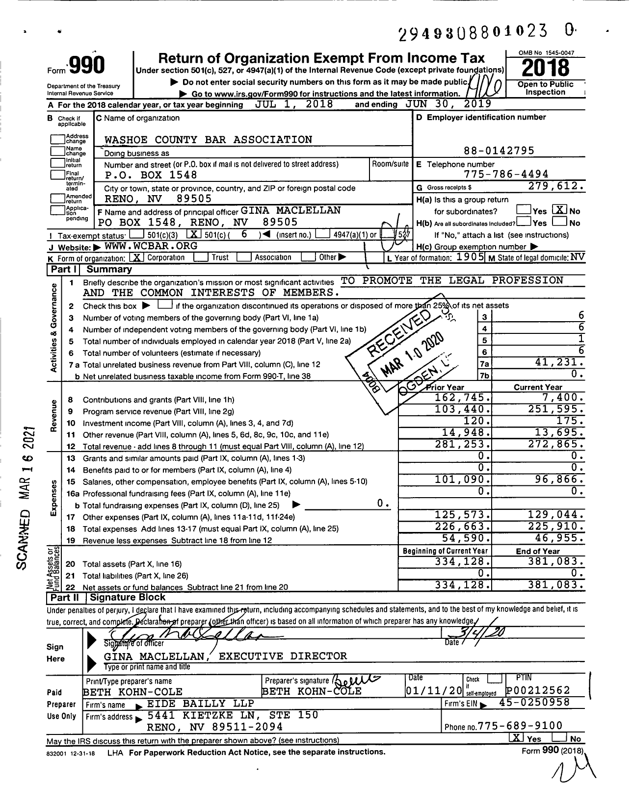 Image of first page of 2018 Form 990O for Washoe County Bar Association