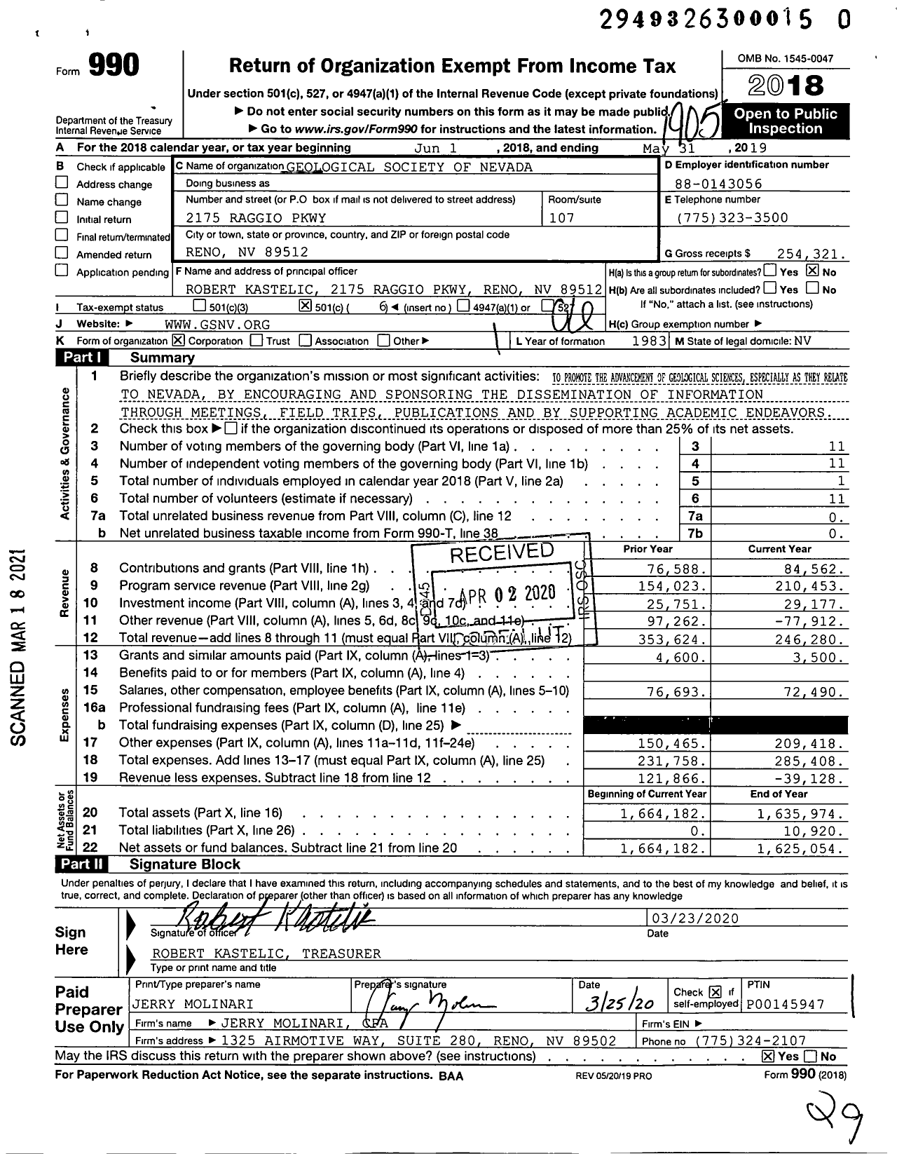 Image of first page of 2018 Form 990O for Geological Society of Nevada (GSN)