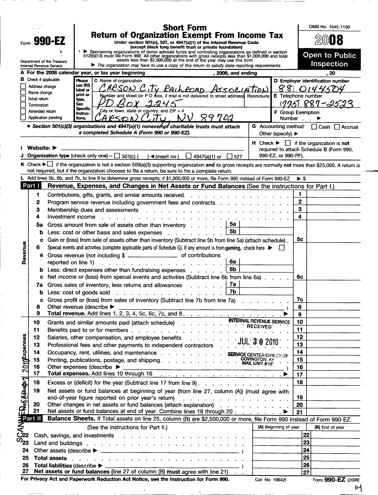 Image of first page of 2008 Form 990EO for Carson City Railroad Association