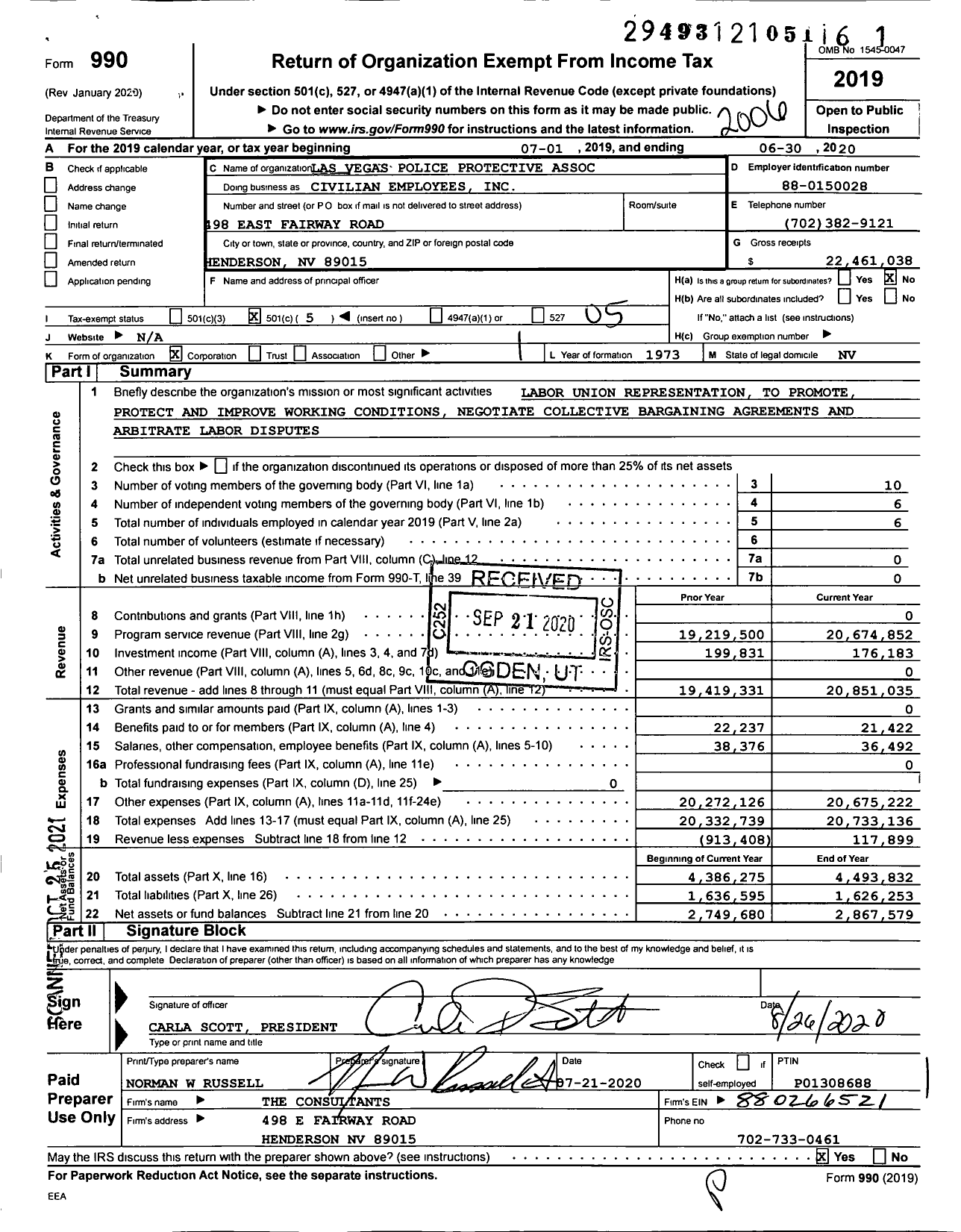 Image of first page of 2019 Form 990O for Las Vegas Police Protective Association Civilian Employees
