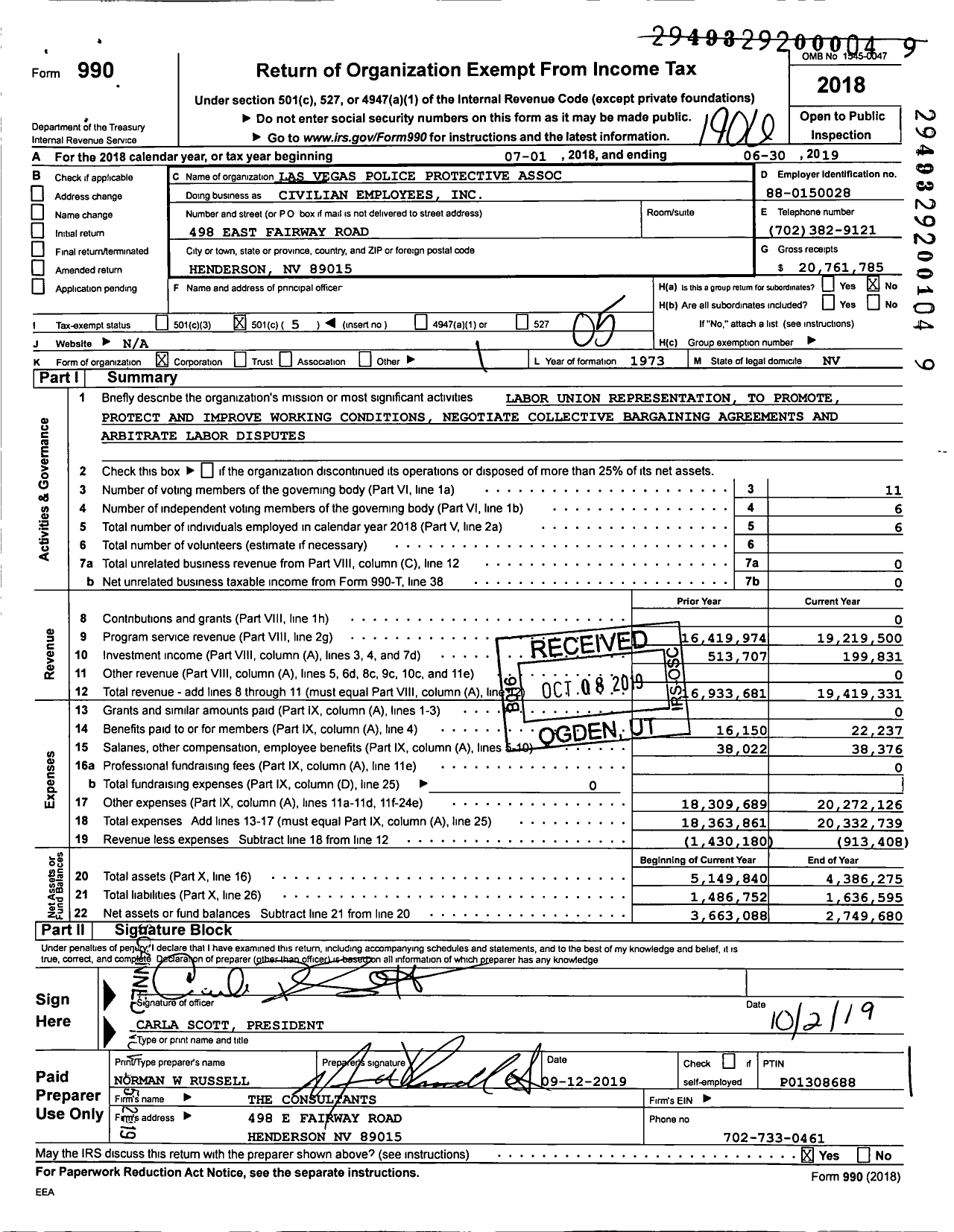 Image of first page of 2018 Form 990O for Las Vegas Police Protective Association Civilian Employees