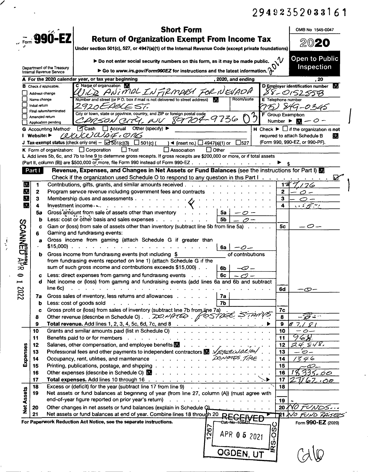 Image of first page of 2020 Form 990EZ for Wild Animal Infirmary for Nevada