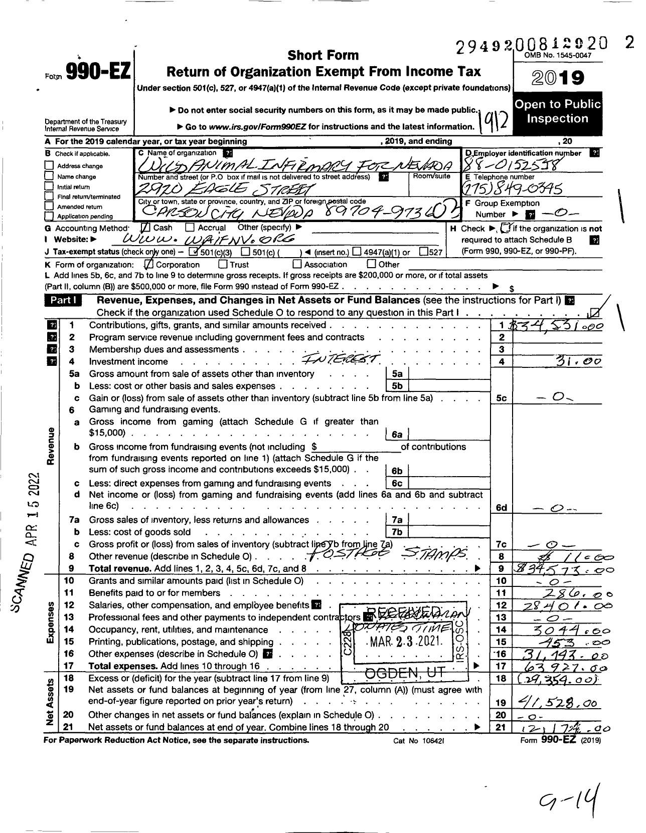 Image of first page of 2019 Form 990EZ for Wild Animal Infirmary for Nevada