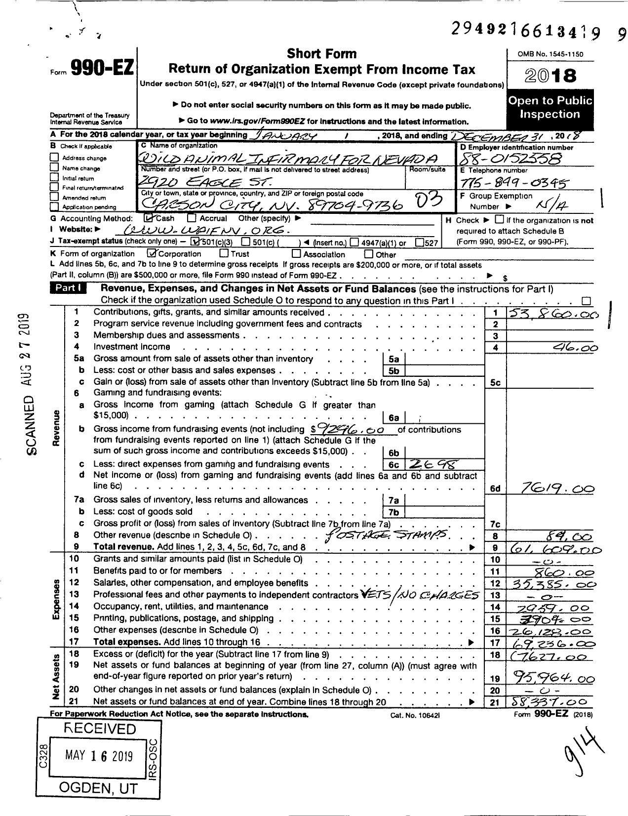 Image of first page of 2018 Form 990EZ for Wild Animal Infirmary for Nevada