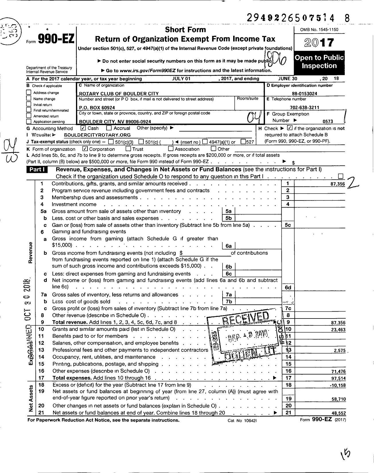 Image of first page of 2017 Form 990EO for Rotary International - Boulder City Rotary Club