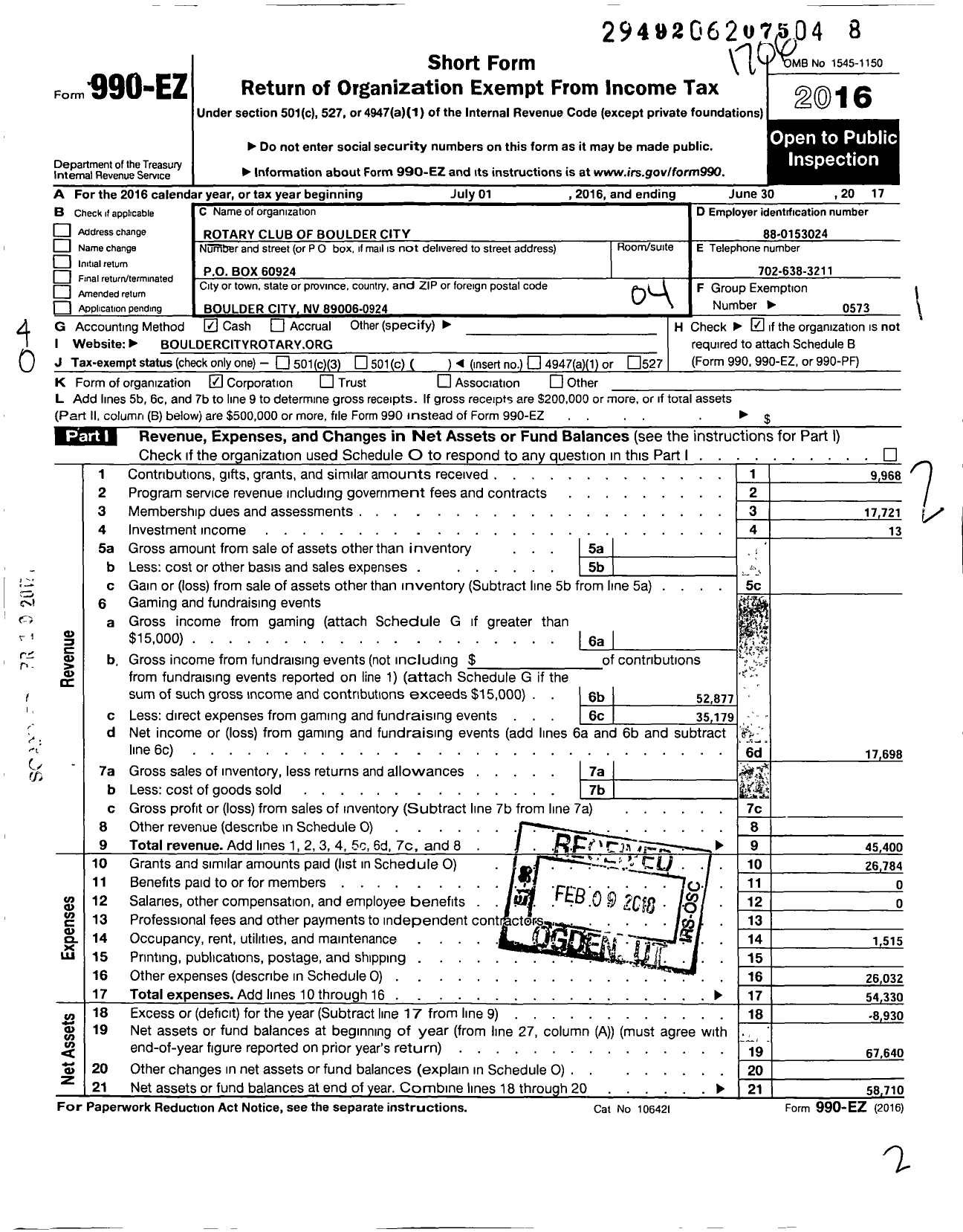 Image of first page of 2016 Form 990EO for Rotary International - Boulder City Rotary Club