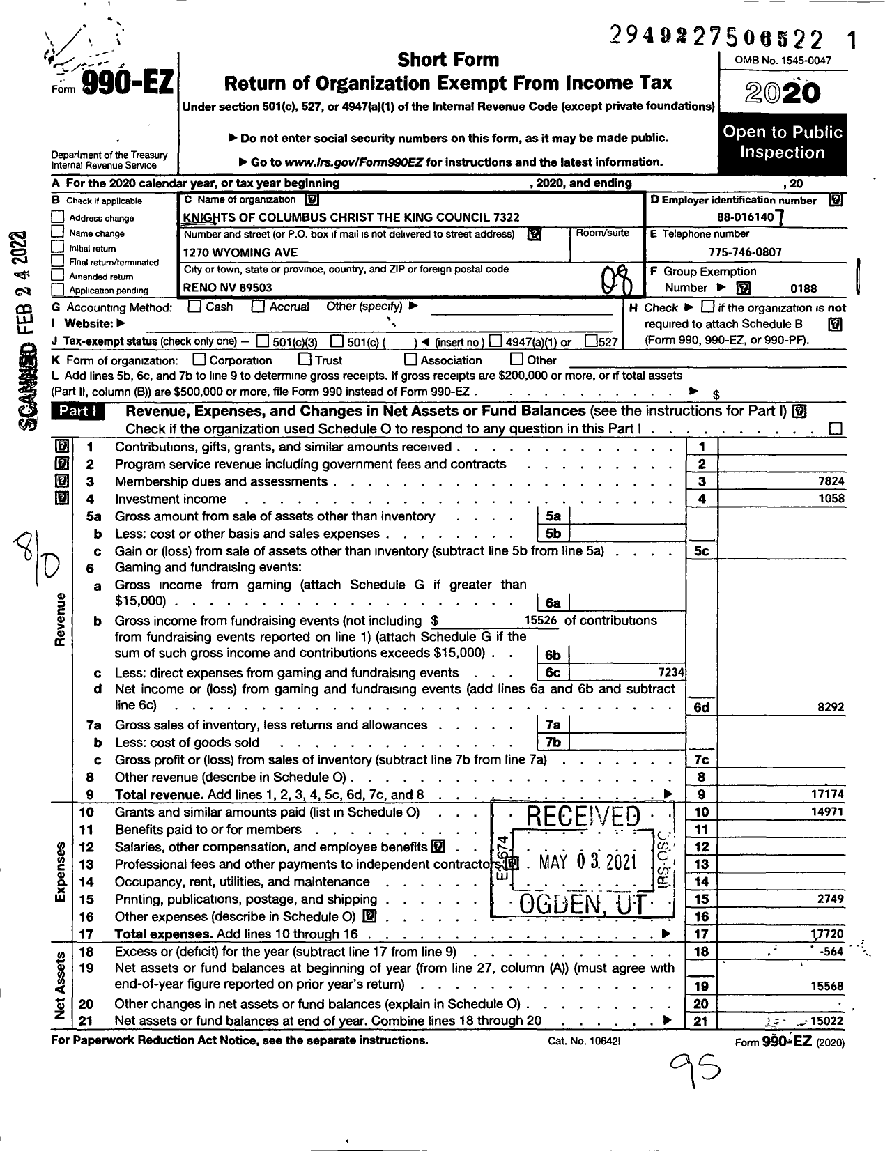 Image of first page of 2020 Form 990EO for Knights of Columbus - 7322 Council Christ The King