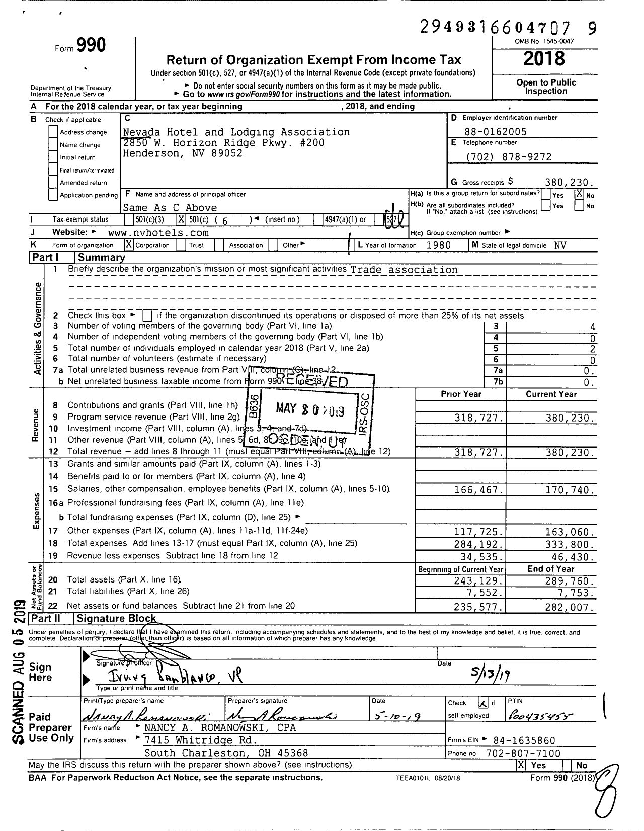 Image of first page of 2018 Form 990O for Nevada Hotel and Lodging Association
