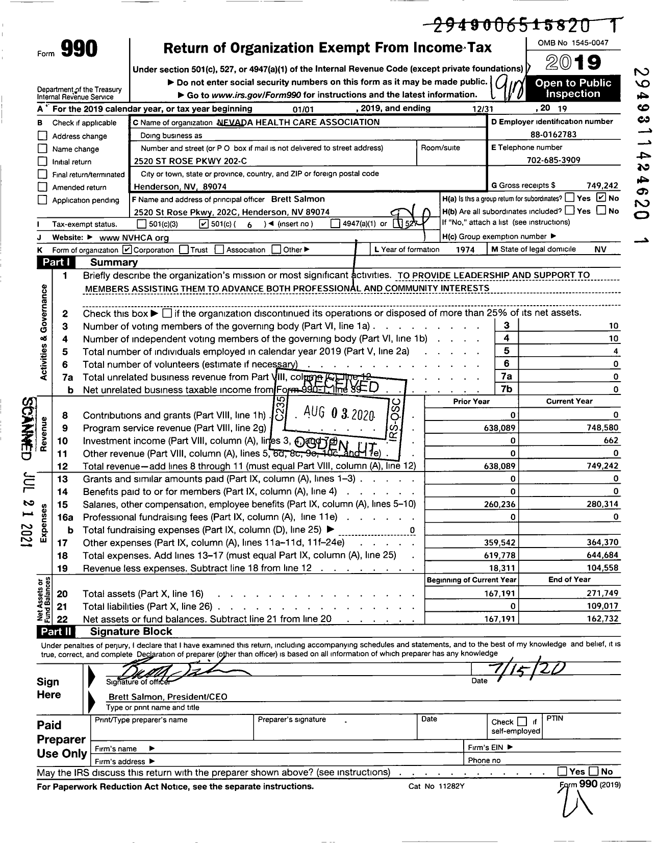 Image of first page of 2019 Form 990O for Nevada Health Care Association