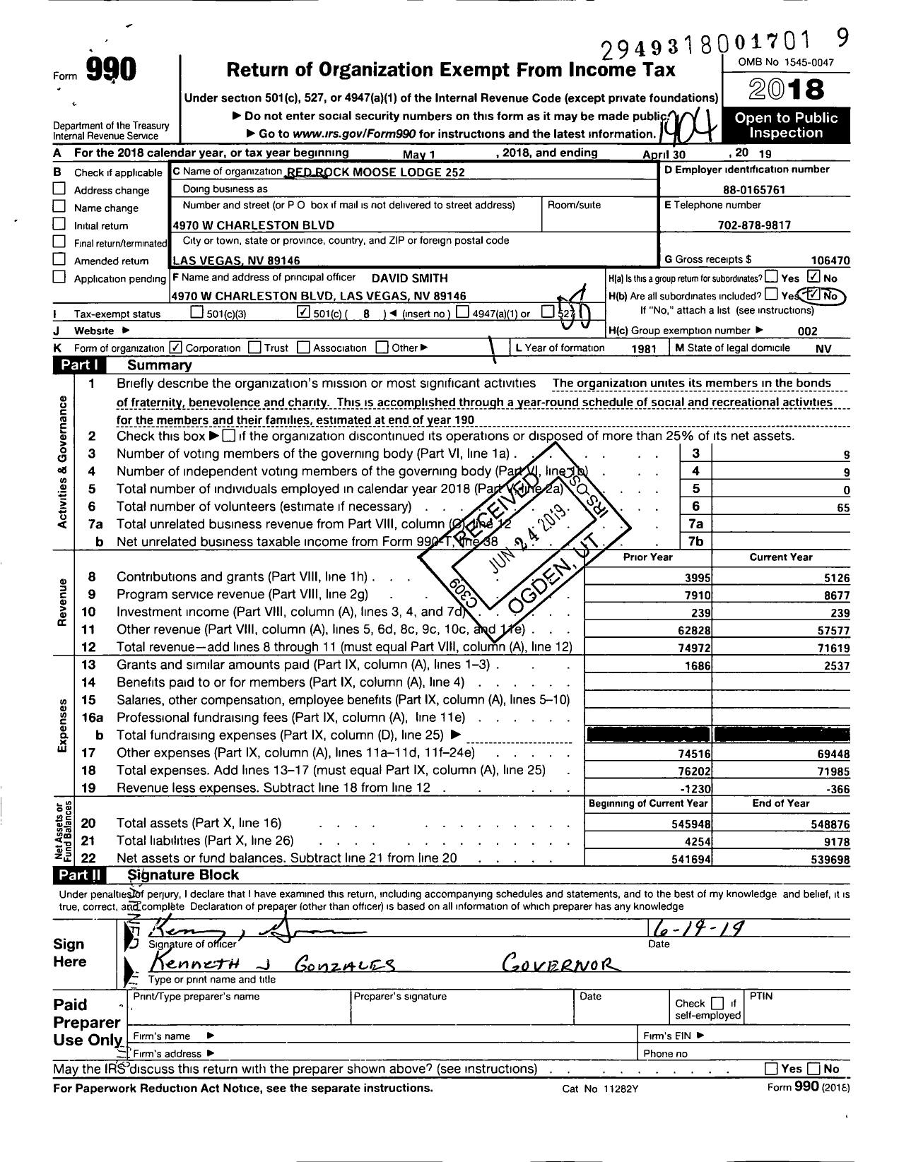 Image of first page of 2018 Form 990O for Loyal Order of Moose - 252