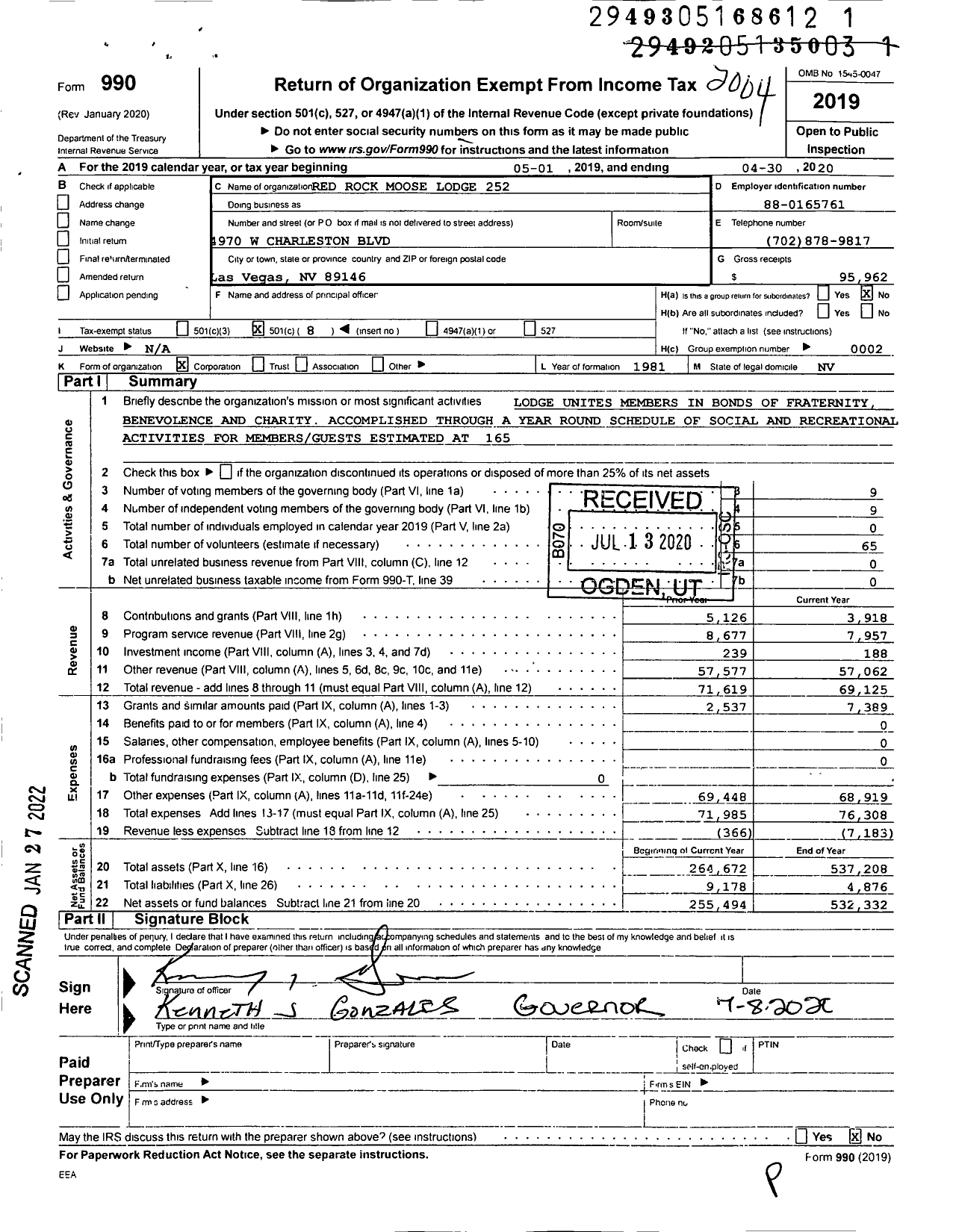 Image of first page of 2019 Form 990O for Loyal Order of Moose - 252