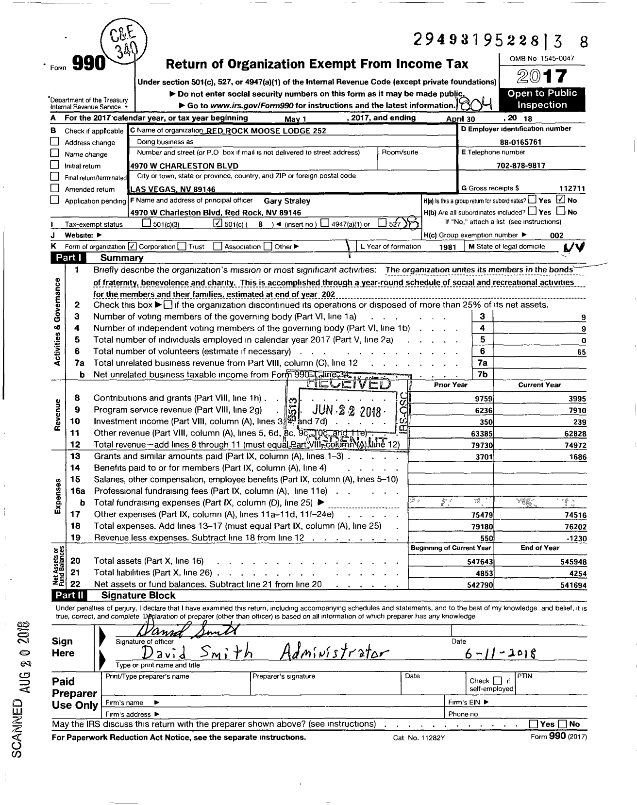 Image of first page of 2017 Form 990O for Loyal Order of Moose - 252