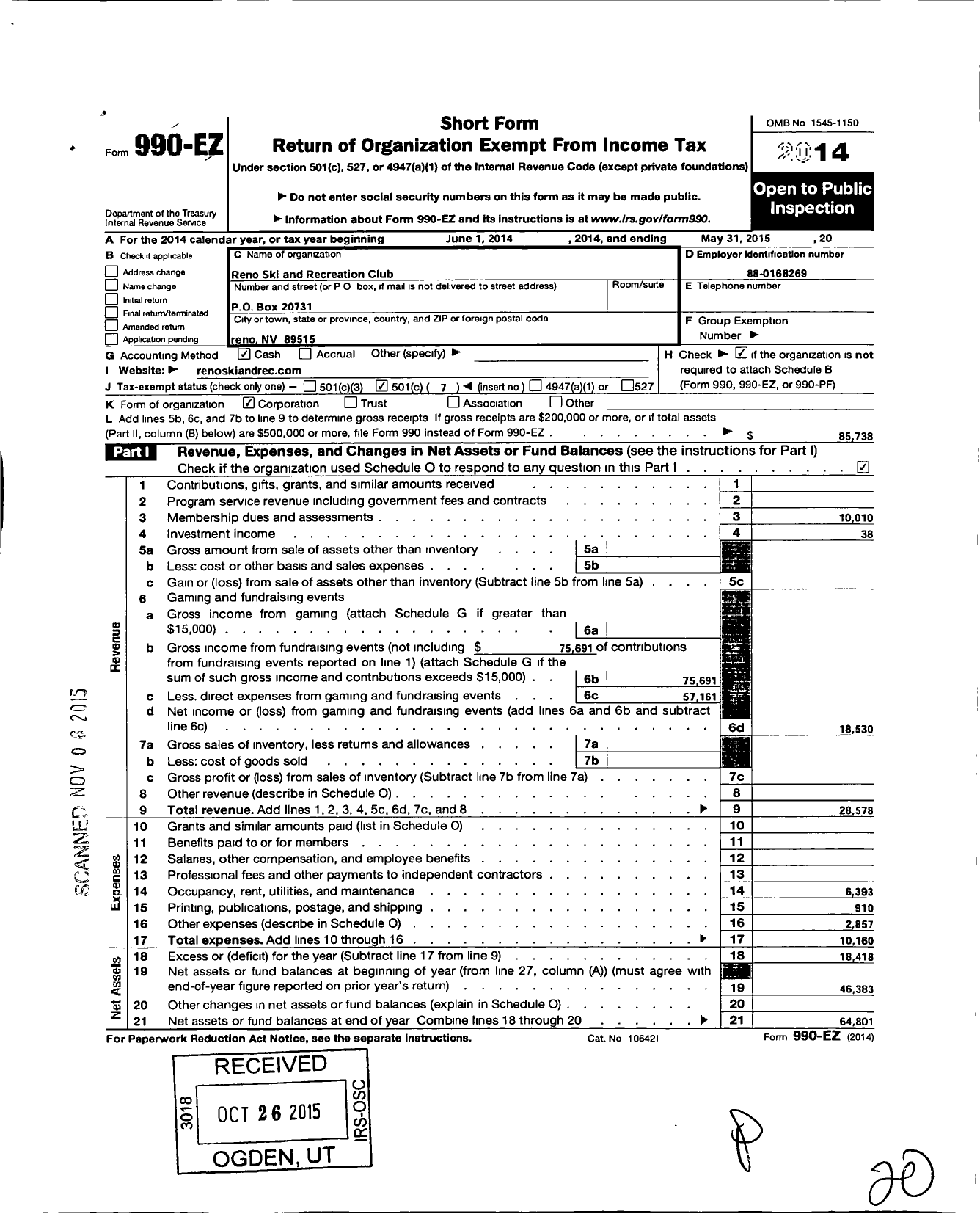 Image of first page of 2014 Form 990EO for Reno Ski and Recreation Club