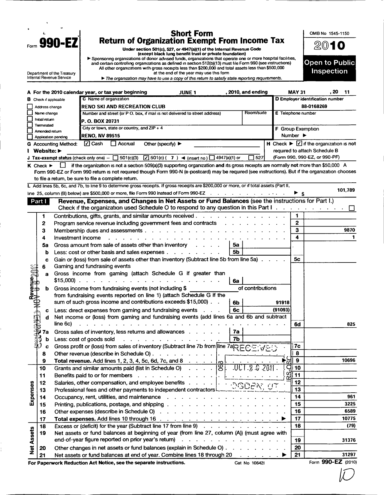 Image of first page of 2010 Form 990EO for Reno Ski and Recreation Club