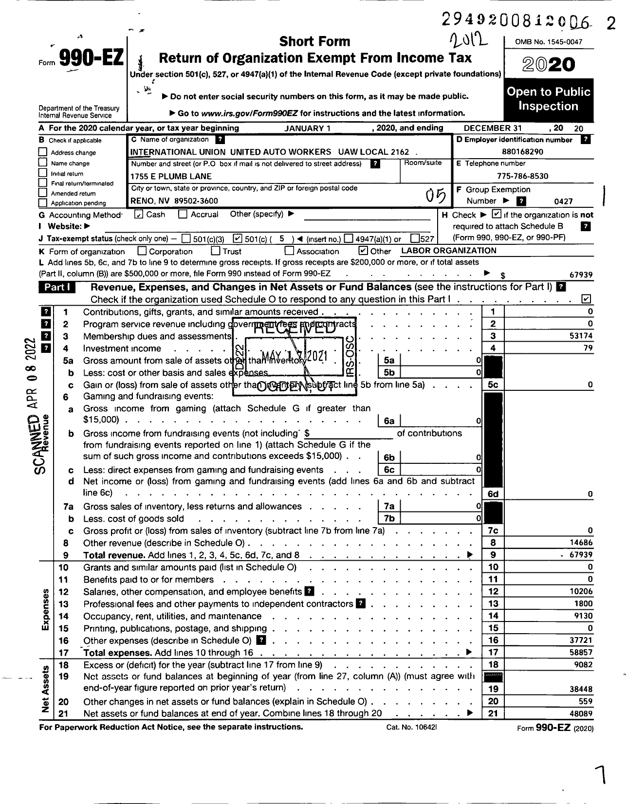 Image of first page of 2020 Form 990EO for Uaw - 2162 Local Uaw