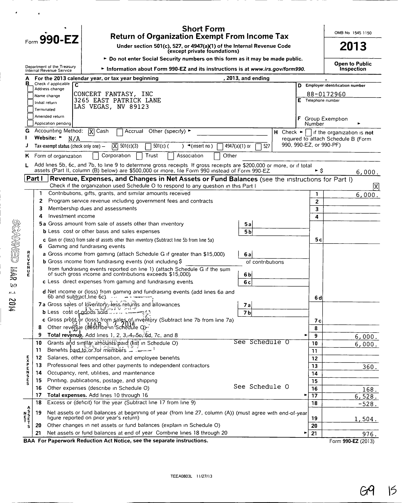 Image of first page of 2013 Form 990EZ for Concert Fantasy