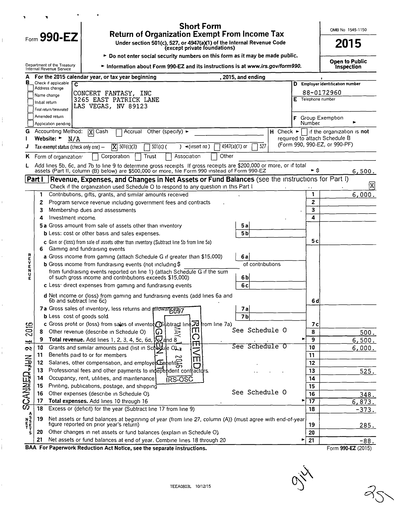 Image of first page of 2015 Form 990EZ for Concert Fantasy