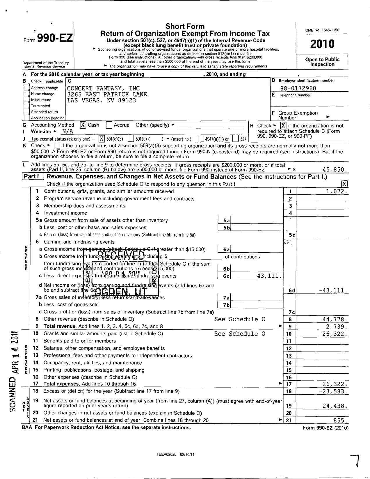 Image of first page of 2010 Form 990EZ for Concert Fantasy