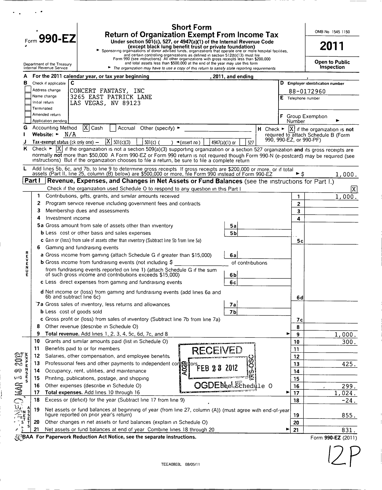 Image of first page of 2011 Form 990EZ for Concert Fantasy