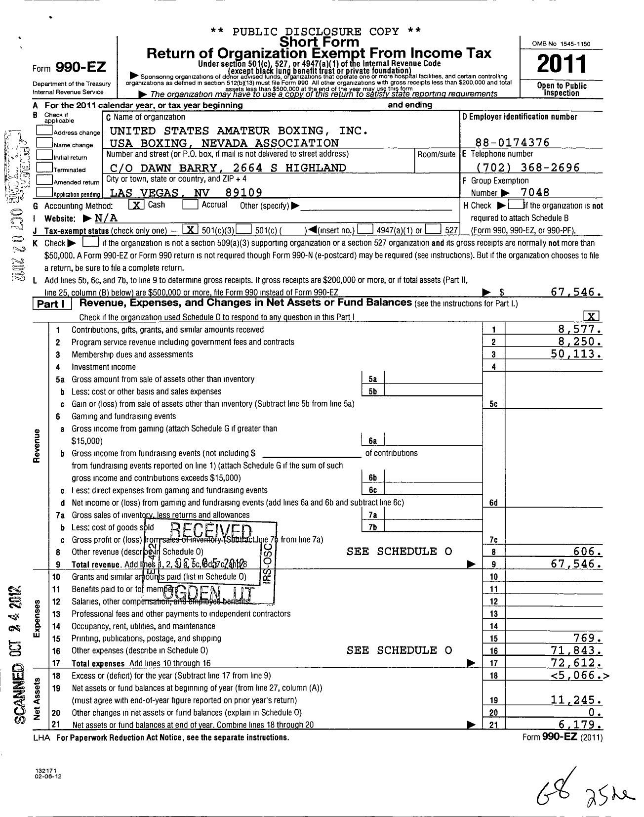 Image of first page of 2011 Form 990EZ for United States Amateur Boxing / Nevada Association