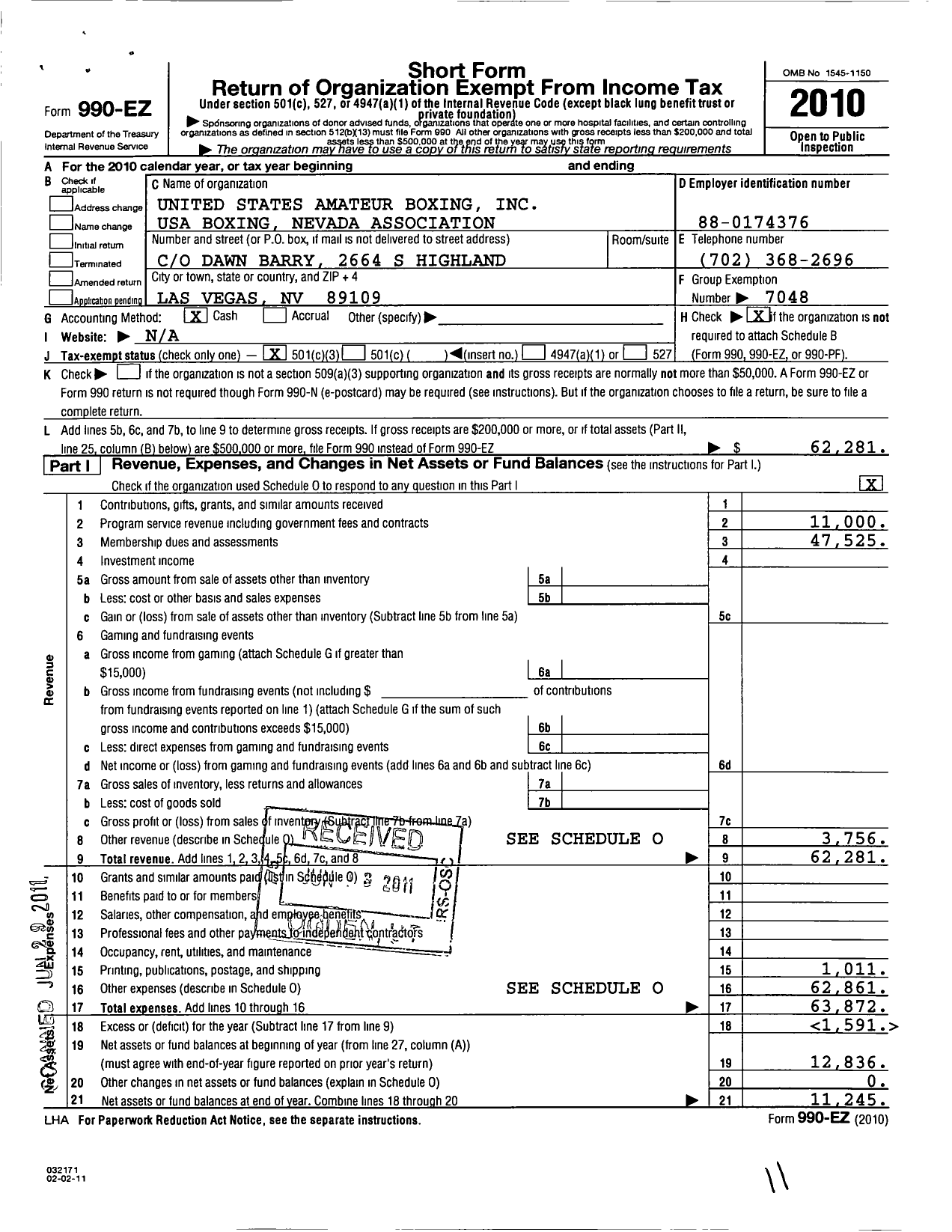 Image of first page of 2010 Form 990EZ for United States Amateur Boxing / Nevada Association