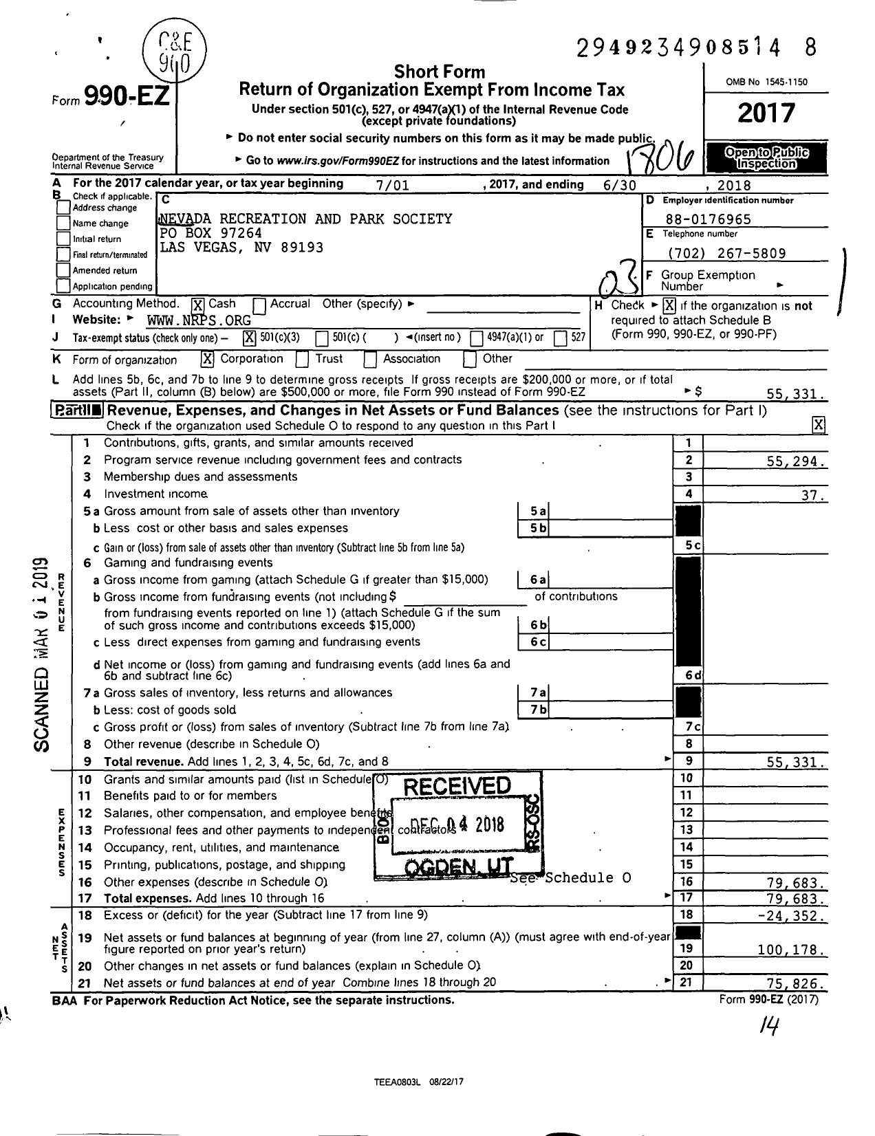 Image of first page of 2017 Form 990EZ for Nevada Recreation and Park Society