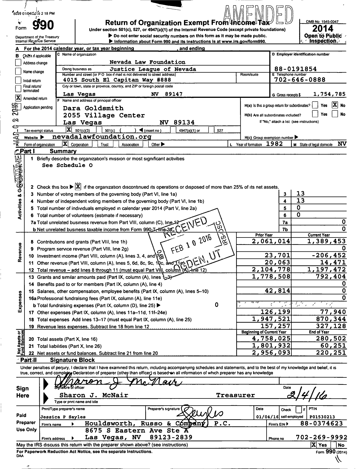 Image of first page of 2014 Form 990 for Nevada Law Foundation