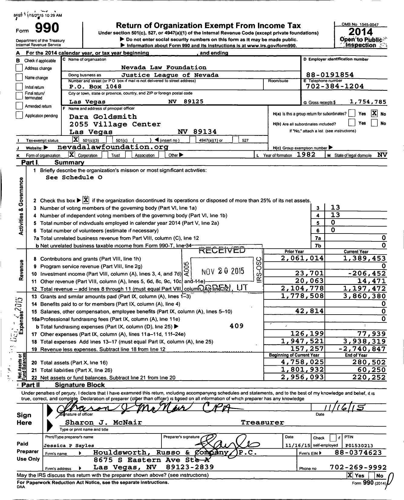 Image of first page of 2014 Form 990 for Nevada Law Foundation