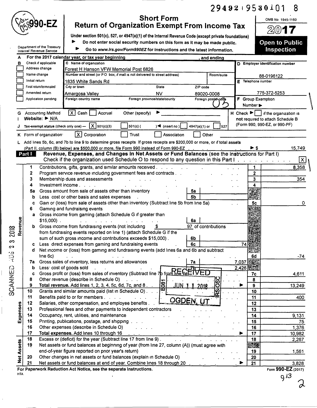 Image of first page of 2017 Form 990EZ for VFW Forrest H Hansen Post 6826